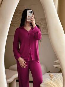 Andrea Bello Ensemble de pyjama femme de loisirs, haut à manches longues et pantalon long, couleur unie, pour la saison automnale et les vacances. Tenue confortable pour l'automne.