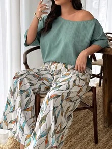 Weeklong Bộ đồ đi làm thường ngày rộng rãi, chất liệu vải lanh 2 mảnh họa tiết hoa nhiều màu sắc, dáng rộng, không đối xứng, dành cho nữ, mùa xuân/hè - màu xanh lá - Xem 6