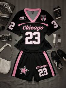 Slaydiva 2026春夏休闲运动套装，女士两件套休闲套装，饰有“芝加哥”赛车英文图案印花 - 彩色 - 查看 3