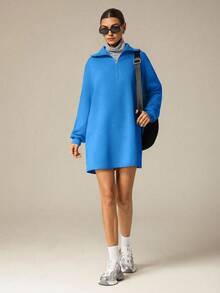 Hanevo Autumn/Winter New Casual Street Minimalist Commute Lazy Back To School High Collar Zipper Half-Open Hem Pullover Long Sleeve H-Shaped Loose Sweatshirt & Women Shorts Dress Set