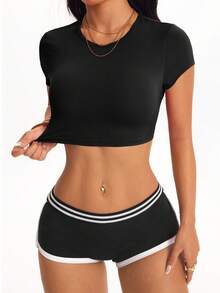 Velisys 2PCS Women's Fashion Backless Thin Strap Fitted Short Sports T-Shirt 2 Piece Sport Set 2pc Active Set - Multicolor - View 3
