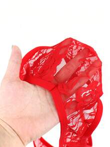 1 pieza Ropa interior sexy para hombres con encaje negro con rosa y espalda calada - Rojo - Ver 8