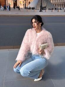 Firerie Abrigo corto de manga larga con cierre de gancho frontal en cuello en V de color rosa para mujer, forrado, abrigo exterior rosa romántico y glamoroso, abrigo de pelo suave, apto para boda, fiesta, vacaciones, primavera, otoño e invierno, elegante, para ir al trabajo, citas, fiestas, graduación, actuaciones, conciertos y galas anuales - Rosa Pálido - Ver 6