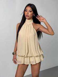 SHEIN PETITE 女士优雅米色吊带系带迷你连衣裙 - 米色 - 查看 4