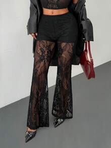 SHEIN PETITE Women's Y2k Sexy Western Wear Women Low Waist Lace Flared Leg Pants, Elegant & Fashionable - Black - View 4
