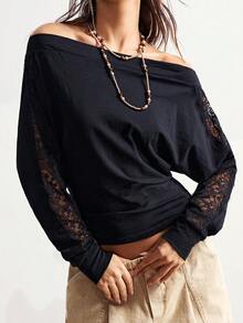 Bohemela 女士休闲纯色针织撞色蕾丝边露肩长袖T恤 - 黑色 - 查看 6