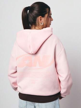 SURIMA Casual Minimalist Pink Graphic Print Hooded Loose Fit Thick Sweatshirt For Women