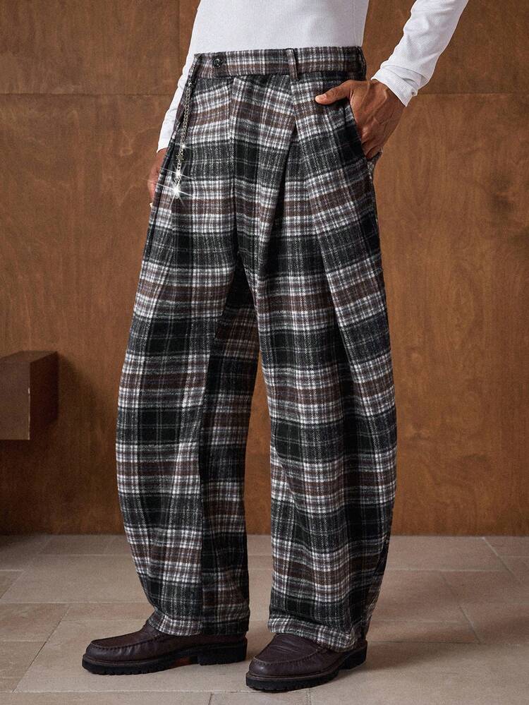 Men's Plaid Pocket Pleated Fashionable Versatile Commuter Tapered Pants Men's Plaid Pants Men Wide Leg Pants Vintage Pants Men Lenin Pants Men Boho Pants Men