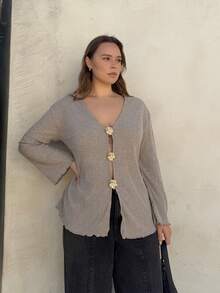 Nezia Cruz Plus Size Women Metal Flower Single-Breasted Long Sleeve Loose Casual Jacket,Fall Clothes For Women Winter Autumn - Camel - View 1