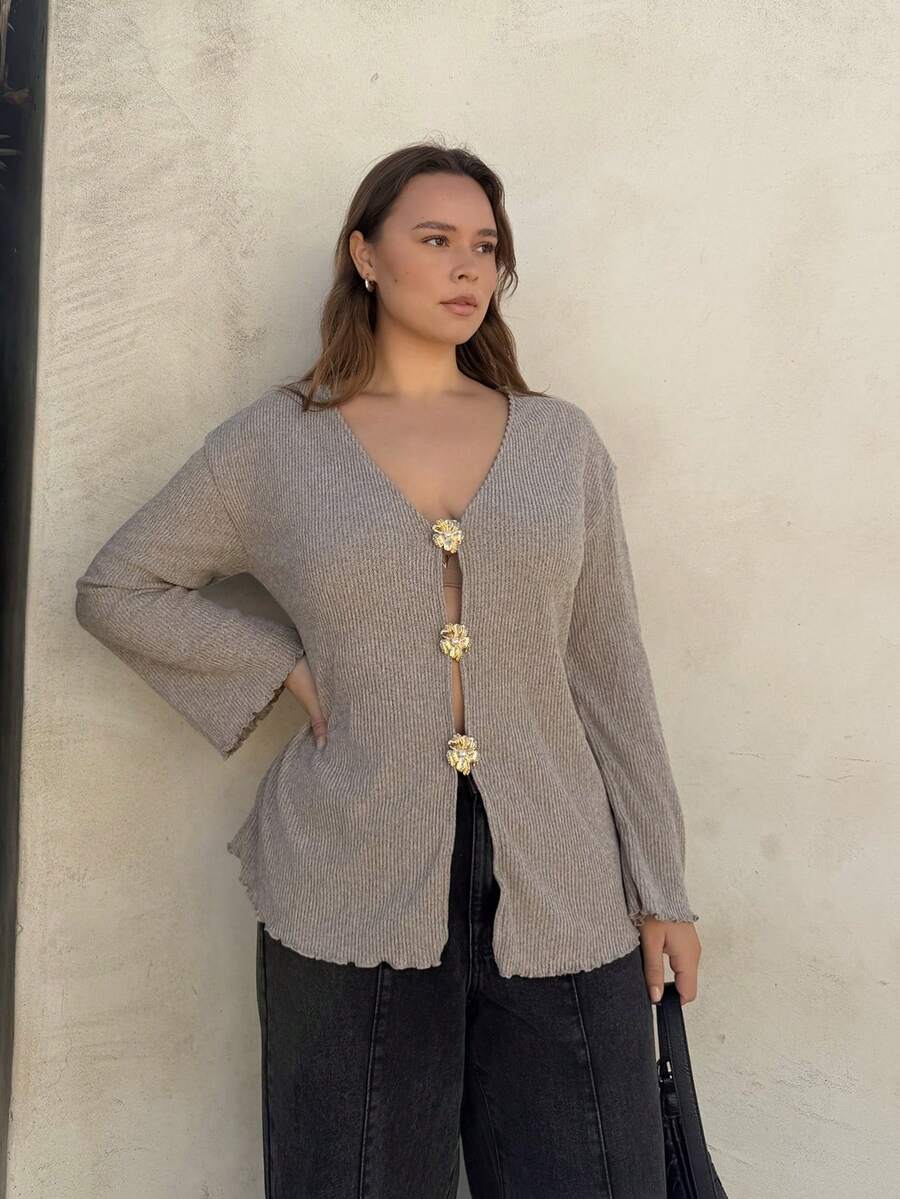 Nezia Cruz Plus Size Women Metal Flower Single-Breasted Long Sleeve Loose Casual Jacket,Fall Clothes For Women Winter Autumn - Camel - View 1