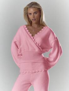 MUSERA ملابس علوية كروشيه طويل الأكمام مفصل متقاطع ناعم ومريح، أنيق وعصري مناسب لنادي القهوة في عيد الحب والربيع - وردي - مشاهدة 5