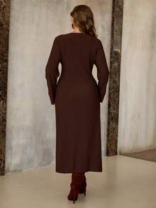 Roveilla Plus Size Chocolate Brown Rib-Knit Midi Dress For Women Casual Round Neck A Line Extra-Long Sleeve Button Up Design - Chocolate Brown - View 2