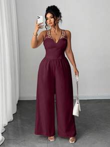 Elenzga 大码女士优雅蝴蝶结V领吊带背心和阔腿裤两件套，杏色刺绣网纱拼接 - 紫色 - 查看 2