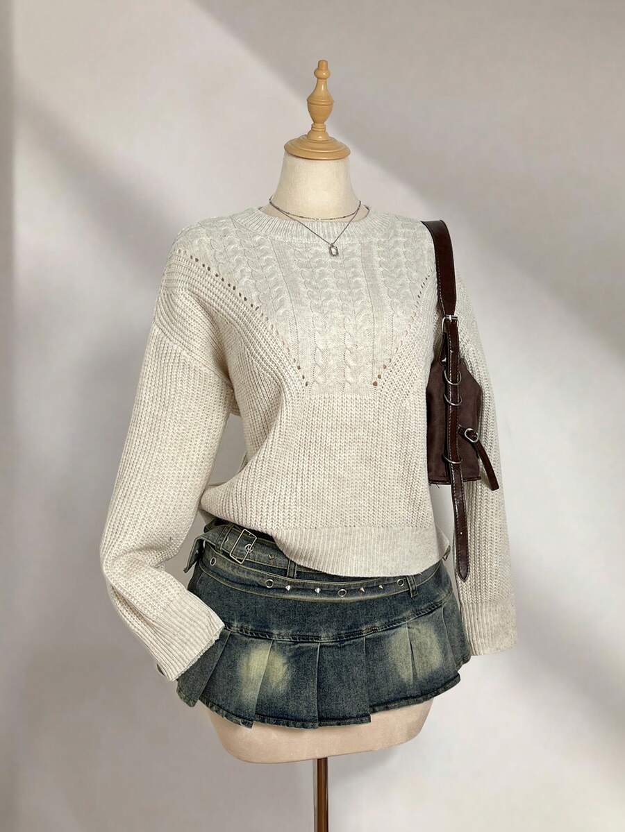 Elamini Women's Solid Color Hollow Round Neck Casual Versatile Long Sleeve Pullover Sweater - Apricot - View 1