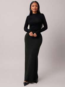 SHEIN SXY 大码女式黑色复古优雅简约修身直筒半身裙，适合通勤、工作、会议、办公室等多种场合。 - 黑色 - 查看 6
