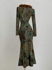 Elamini 女士优雅长袖连衣裙，适合派对、休闲穿着，植绒面料，带毛领，秋冬 - 彩色 - 查看 2