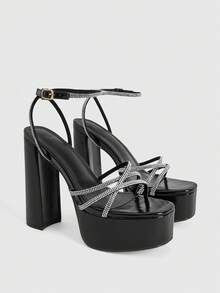 CUCCOO LuxiPop 女士防水厚底优雅夏季时尚高跟凉鞋，适合圣诞节、新年派对、夜店装扮 - 黑色 - 查看 3