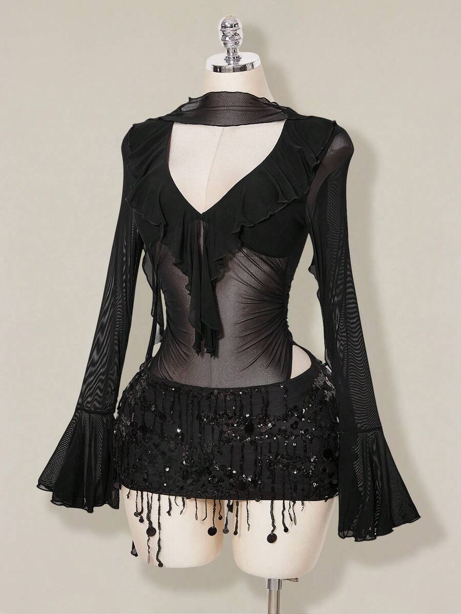 SHEIN ICON Bộ đồ liền thân lưới mỏng cổ chữ V sâu viền bèo nhún cho nữ - màu đen - Xem 1