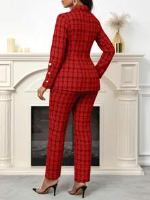 SHEIN Lady Bộ đồ hai mảnh vải tuýt đen in họa tiết dành cho nữ Bộ đồ hai mảnh thanh lịch dành cho nữ khi đi làm - Đỏ - Xem 7