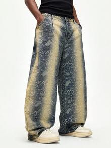 ROMWE MEN Street Life Men's Washed Curved Leg Cashew Flower Denim Jeans - Blue - View 5