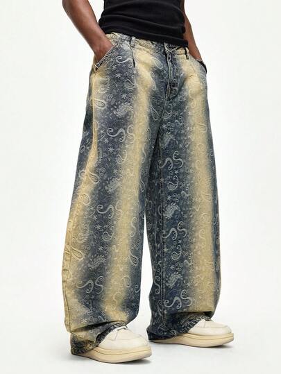 Street Life Jeans in denim lavato con gamba curva e motivo a fiori di anacardi per uomo