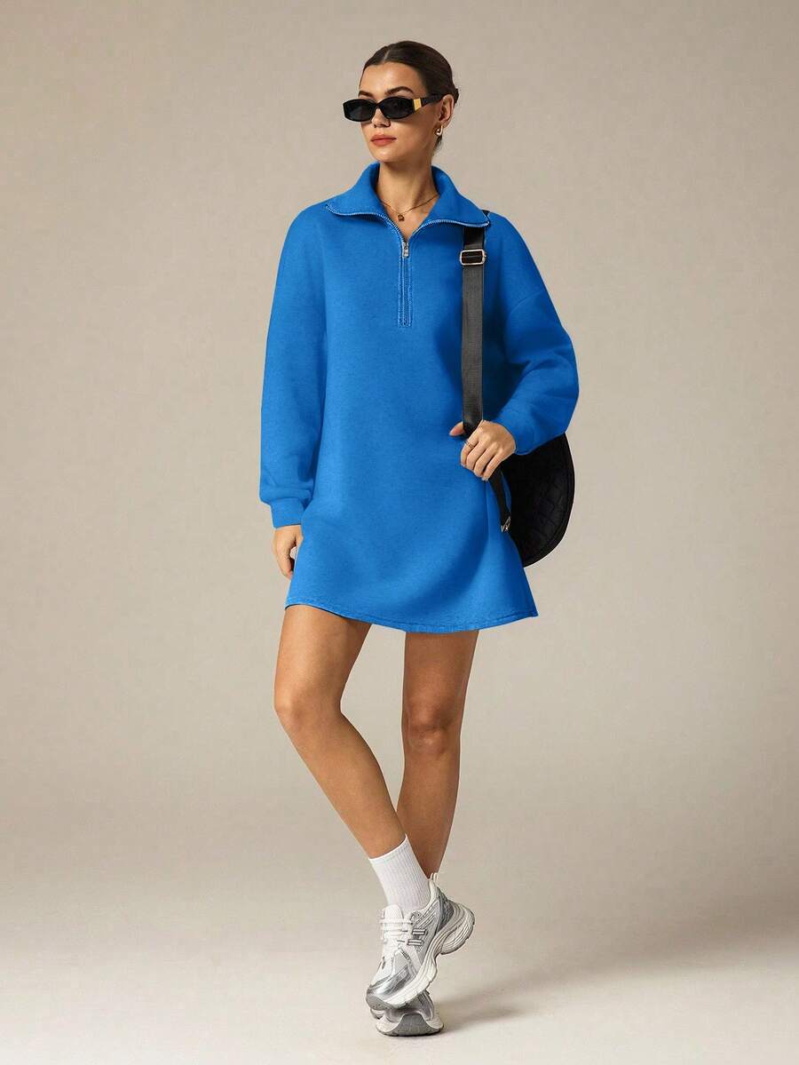 Hanevo Autumn/Winter New Casual Street Minimalist Commute Lazy Back To School High Collar Zipper Half-Open Hem Pullover Long Sleeve H-Shaped Loose Sweatshirt & Women Shorts Dress Set