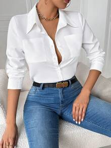 EMERY ROSE 2pcs/Set Solid Color Turndown Collar Double Pocket Long Sleeve Jumpsuit, Black & White - Black and White - View 4