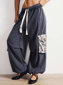 Bohemela Pantalones de chándal sueltos de punto de unicolor y cintura baja para mujer - Gris - Ver 4