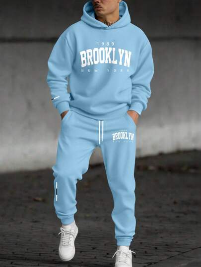 Manfinity Homme 2pcs Men's New York Slogan Print Casual Sweatshirt And Sweatpants Set, Fall/Winter Clothes