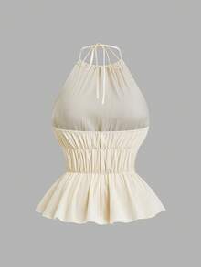 Sweetra Áo hở lưng màu trơn rộng rãi cỡ lớn, buộc dây phía trước, quần ống rộng bồng bềnh, bộ đồ 2 món thời trang dành cho nữ - Màu be - Xem 11