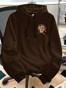 Looney Tunes X Manfinity Manfinity Joysei Sweat-shirt à capuche à cordon de serrage pour hommes, motif de bande dessinée, poche, polyvalent, manches longues, automne/hiver - Marron - Voir 2