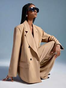 GENKIRA 两件套复古硬币设计翻领双排扣女士商务套装，时尚通勤装 - 卡其色 - 查看 7