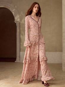 MOTF PREMIUM DITSY FLORAL FLARE SLEEVE LAYERED RUFFLE TIERED HEM MAXI DRESS , SPRING FALL - Baby Pink - View 4
