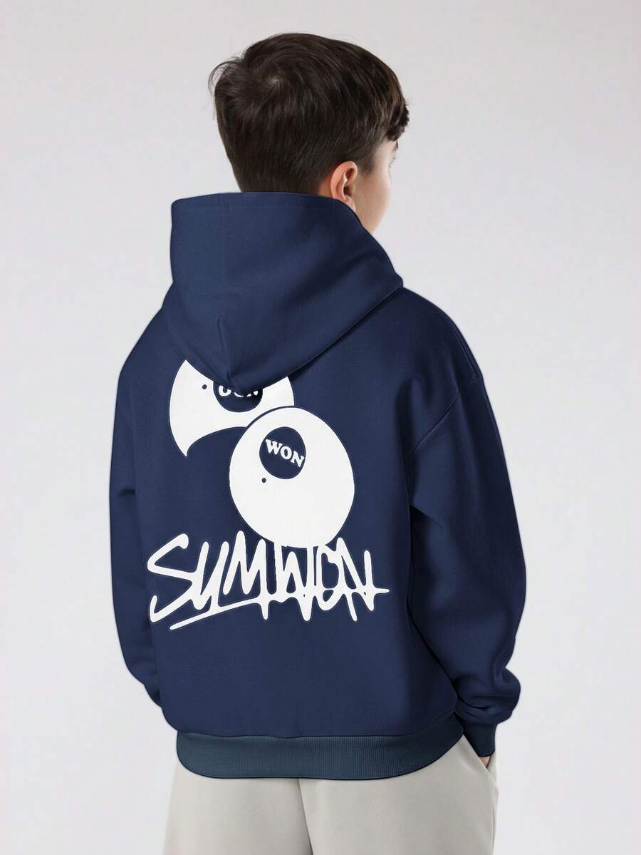 SUMWON 男童连帽卫衣,背面印有眼睛图案,套头衫,休闲街头风长袖上衣,度假必备 - 藏蓝色 - 查看 1