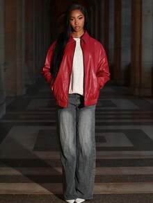 Mima John Casual Off-Shoulder Zipped PU Leather Coat In Fall/Winter - Burgundy - View 5