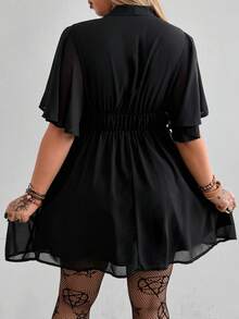 Whyspr Plus Size Solid Color Chiffon Waist Gathered A-Line Ruffle Sleeve Spring/Summer Dress - Black - View 2