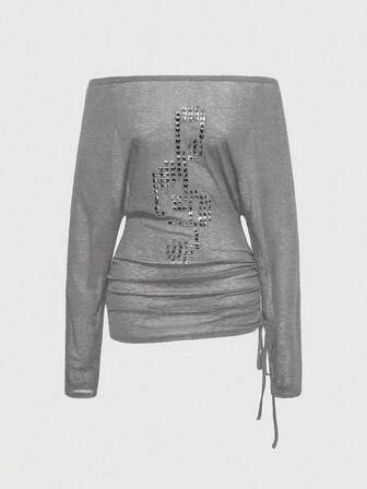 Grunge Punk Punk Style Cross Rivet Off-Shoulder Women Long Sleeve T-Shirt Top