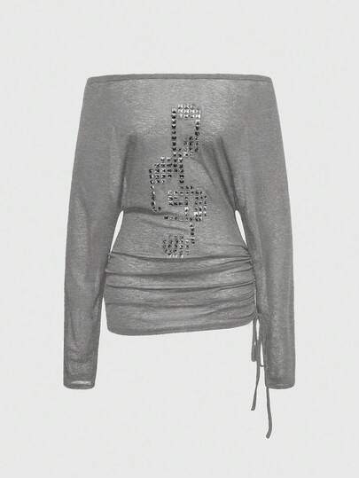 Grunge Punk Punk Style Cross Rivet Off-Shoulder Women Long Sleeve T-Shirt Top