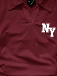 Attitoon Casual Retro Style, Minimalist Style, College Style NY Letter Placement Print Pattern, NY Logo Pattern, Women's Casual Fashion Print Polo Collar, Versatile Long Sleeve T-Shirt, Suitable For Autumn/Winter, Airport,Graphic Tees - Burgundy - View 4