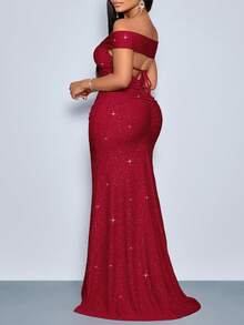 SOLERSUN 大码女士优雅扭结露肩露背吊带高开衩美人鱼连衣裙，闪亮面料，适合新年穿着，长款女装，适合度假、约会、秋冬季节，红色连衣裙，单肩短袖高开衩，纹理面料，褶皱 - 紅色 - 查看 1