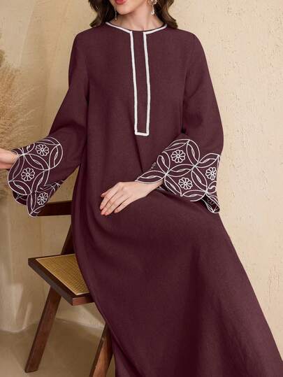 Al Najma Women Spring/Summer Round Neck Woven Trim Embroidered Flare Sleeve Arabic Style Dress, Arabian Dresses
