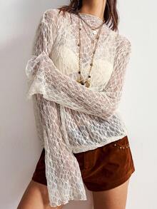 Bohemela Women's Casual Solid Color Knit Lace Blouse - Light Yellow - View 2