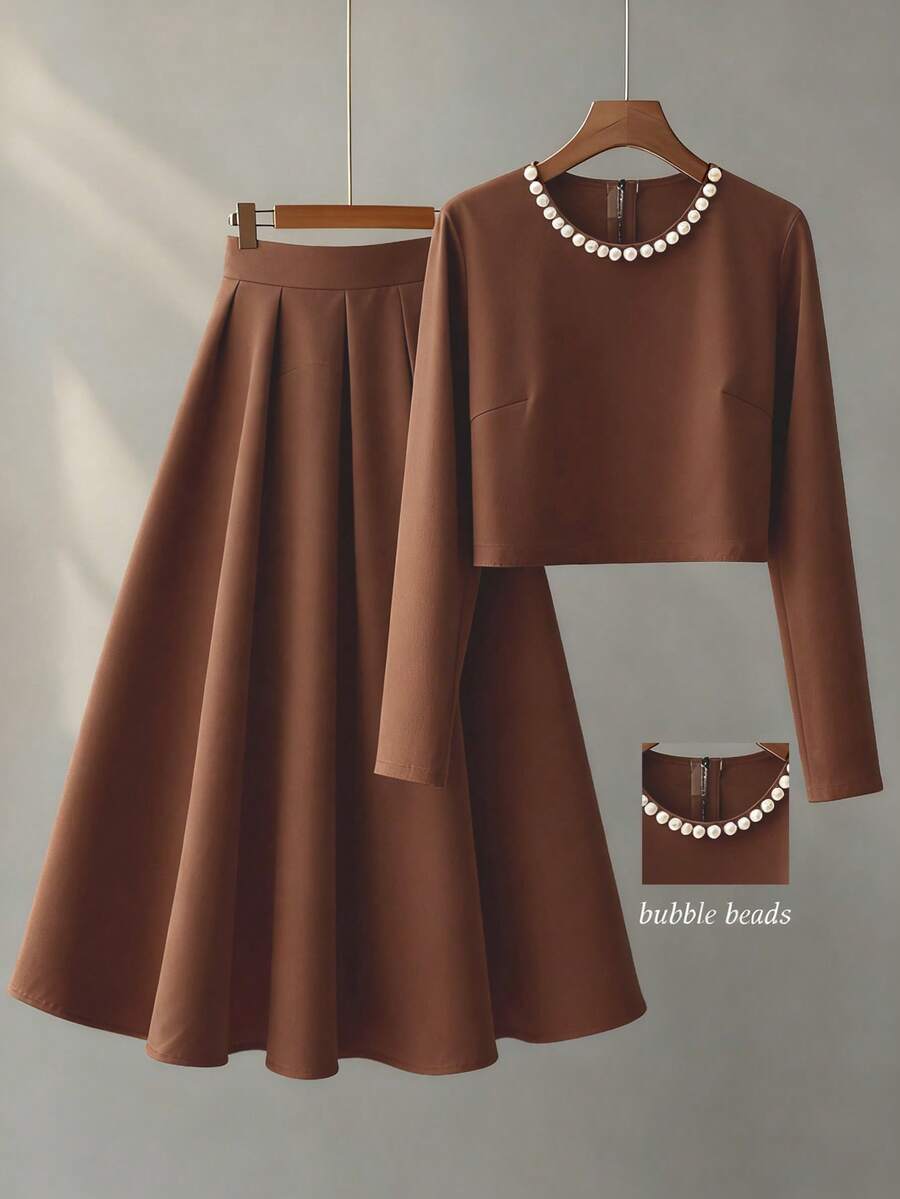 SHEIN LUNE 女士纯色仿珍珠装饰长袖上衣和裙子优雅套装 - 棕色 - 查看 1