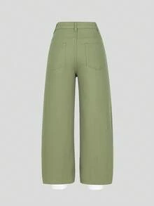 SHEIN Denimly 女童休闲简约学院风水洗牛仔松紧腰拉链裤脚七分牛仔裤 - 綠色 - 查看 2