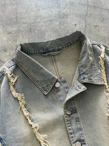 AXEPEAK 男士长袖毛边单排扣休闲宽松做旧牛仔夹克 - 藍色 - 查看 3