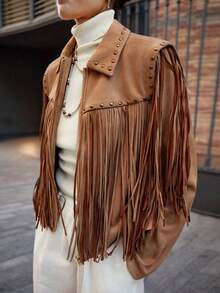 Maija 女士绒面短款开衫，带领，长袖，秋冬季款，饰有荷叶边口袋、流苏细节和撞色铆钉 - 棕色 - 查看 5