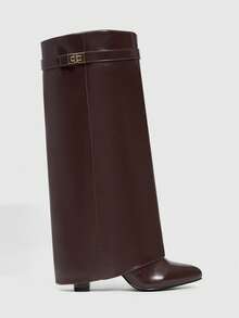 CUCCOO SZL 女士尖头金属装饰时尚过膝长靴，适合日常穿着 - 棕色 - 查看 4