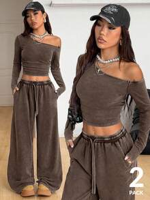 Coolane Women's Daily Wear Essentials Knit Stretchy Comfy Asymmetrical Neck Long Sleeve Tops And Wide Leg Sweatpants Tracksuit Two Pieces Outfits - Brown - View 3