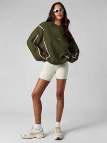 MISSGUIDED Áo nỉ cổ tròn có chi tiết viền tương phản Áo chui đầu cỡ lớn thường ngày dạo phố Tay dài bo gân Cổ tay thoải mái, vừa vặn, thiết yếu hàng ngày - xanh quân đội - Xem 4