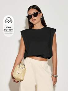 AiiRZ 无袖垫肩 T 恤泡泡下摆短款上衣现代简约基本款夏季休闲街头风格运动休闲时尚必备 - 黑色 - 查看 1